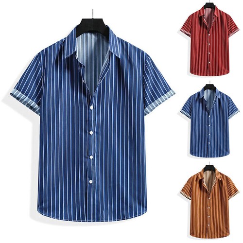 Herren Kurzarm Freizeit Slim Baumwolle Button Down Sommer Urlaub Gestreifte Hemden - Bild 1 von 13