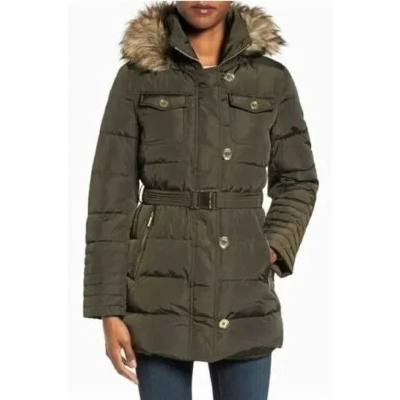 NWT Michael Kors Faux Fur Trim Hooded Belted Puffer Down Coat Dark Moss Sz L