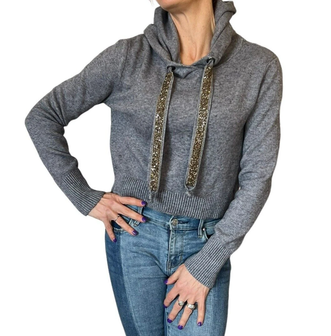 VETEMENTS Zara Maglia Donna Grigio Pullover Cropped Felpa con Cappuccio Impreziosita Maglione Felpa S