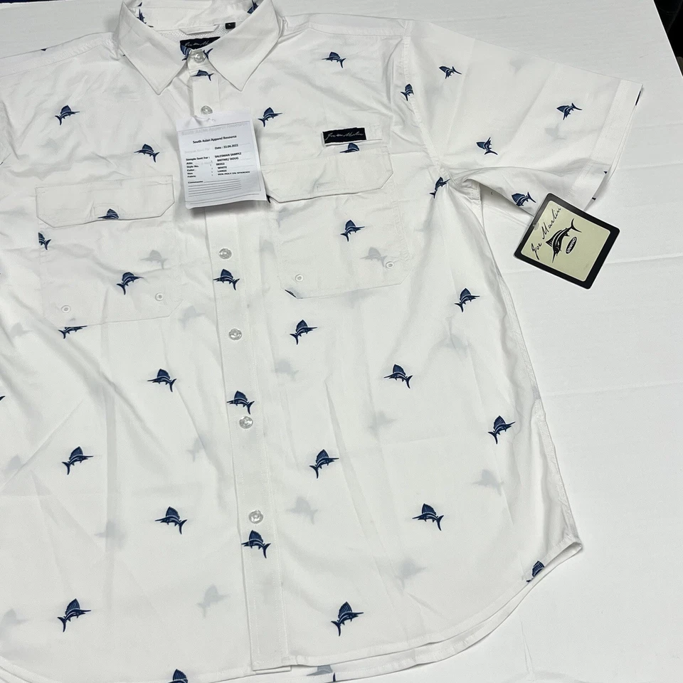 Camisa de Pesca Joe Marlin Abotonada Hombres Grande Blanca Azul Marlin Desenrollar RARA DEMO Foto 2 de 4