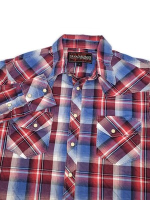 Rock & Roll Cowboy Men Shirt Small Blue Red Pearl Snap Texas Western Long Sleeve