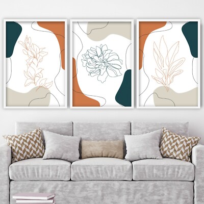 Gerahmte Line Art Blumen Bilder Terrakotta Grün Wandbilder Geschenk Drucke 3er Set