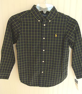 Polo Ralph Lauren Shirt Button Down Boys Long Sleeve Green Navy Yellow Pony  Logo