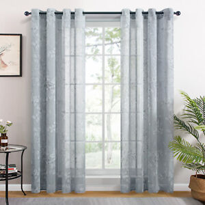Floral Leaf Embroidery Sheer Voile Curtains Grommet Top for Living Room 2 Panel