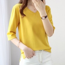 Women Knitted Half Sleeve Sweater Jumper Knitwear Basic Tee V Neck Pullover