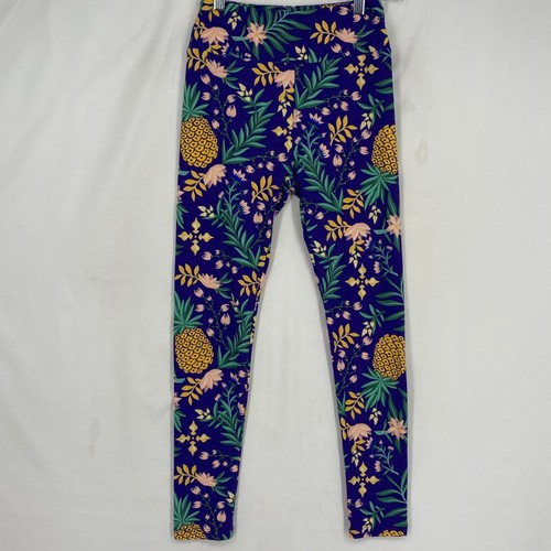LuLaRoe Womens One Size Leggings Purple Floral Pineapple Print