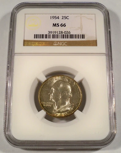 1954 NGC MS66 WASHINGTON QUARTER RAINBOW TONE 25c SILVER MS 66