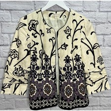 Coldwater Creek Womens Open Front Blazer Size 12 White Purple Mandala 3/4 Sleeve