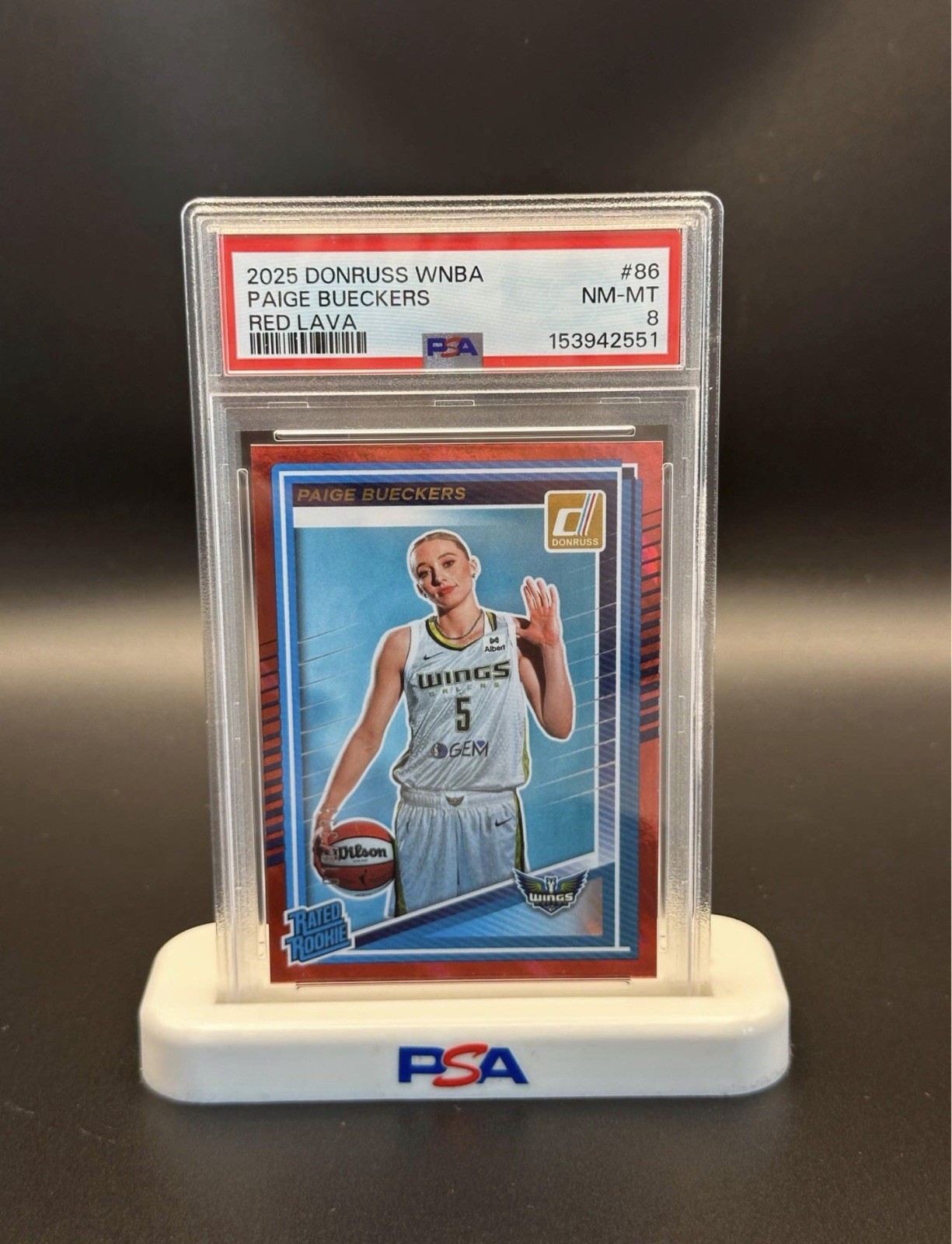 2025 Panini Donruss Rated Rookie Paige Bueckers Red Lava #’d 018/399 - PSA 8 view 2