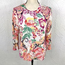Cable  Gauge Floral Lightweight Cardigan Sweater L/XL 3/4 Sleeve So Pretty 
