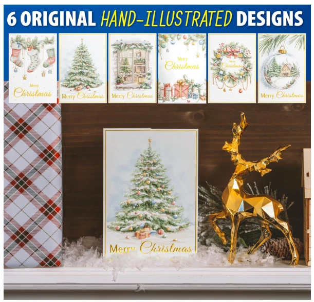 Juego de 24 tarjetas de Navidad a granel, papel aluminio brillo acuarela tarjetas de vacaciones con sobre Foto 4 de 4