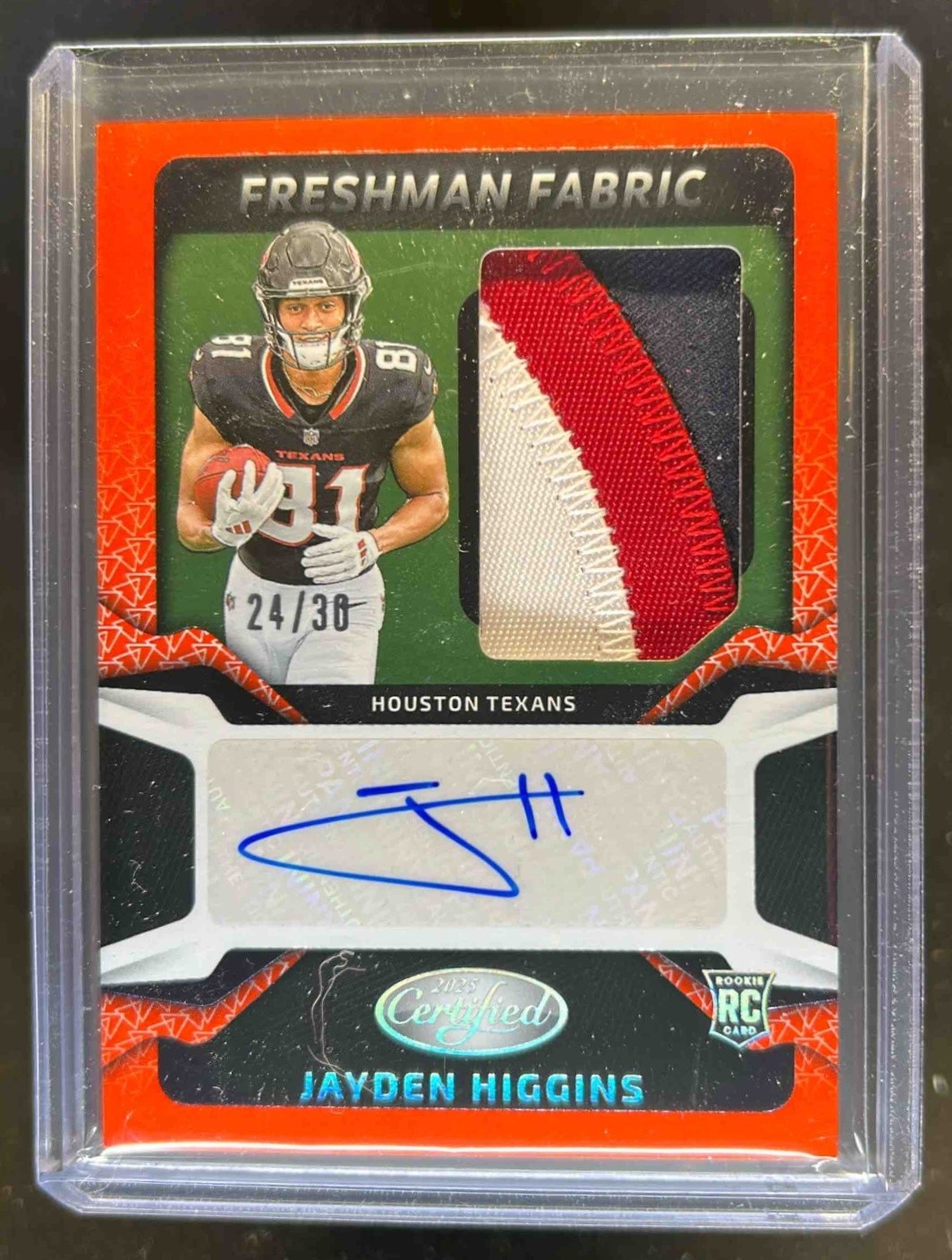 2025 Certified Jayden Higgins Freshman Fabric Patch Orange Etch RC Auto #24/30