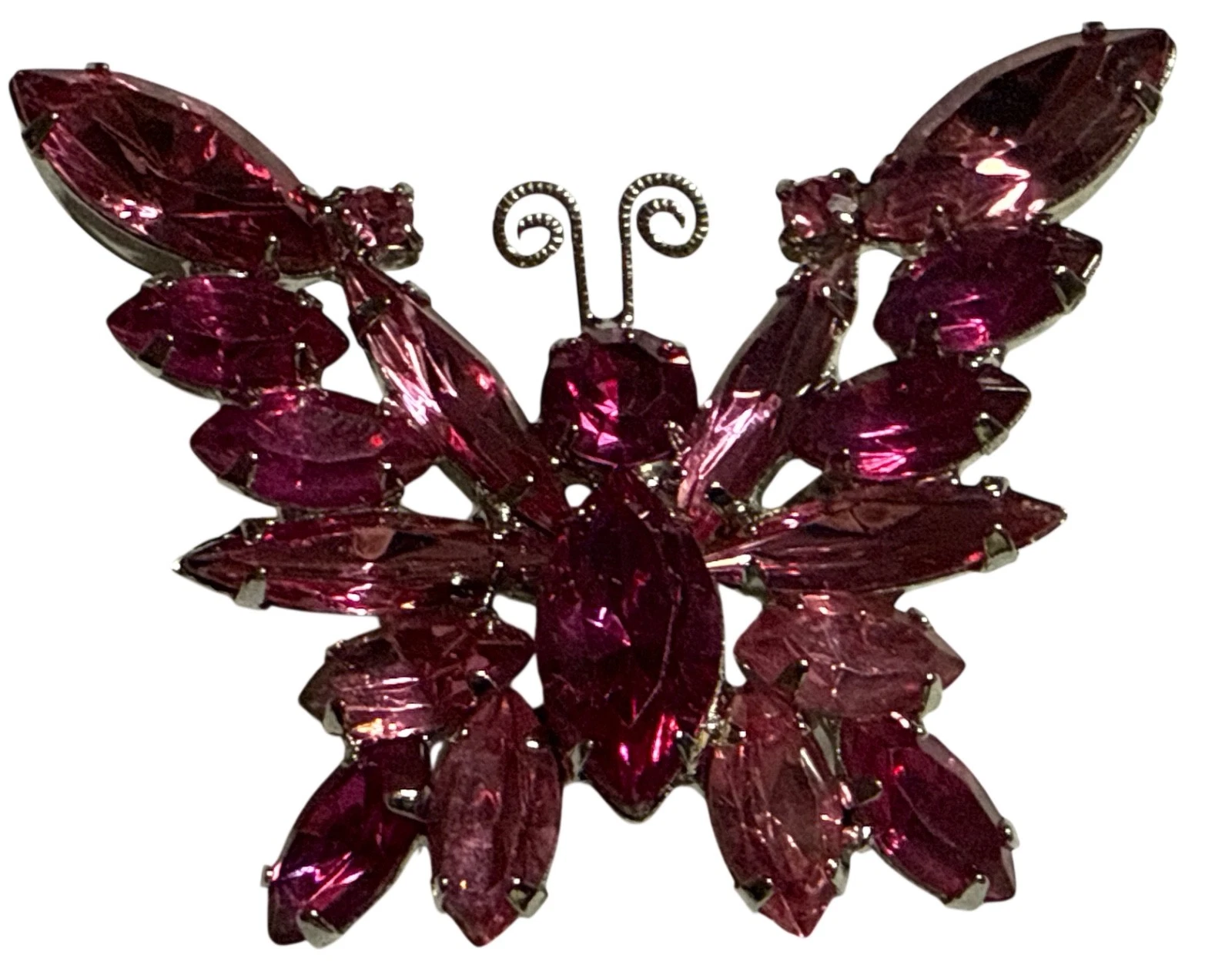 Vintage Jewelry Pink Butterfly Silver tone Brooch 1 1/4" x 1 1/2" Unsigned EUC