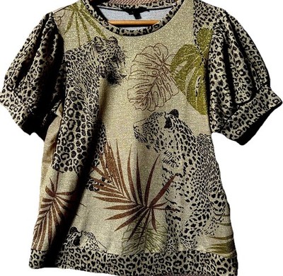 DG2 Diane Gilman Top S Cute Gold Sparkle Stretch Knit Leopard Print Short Blouse