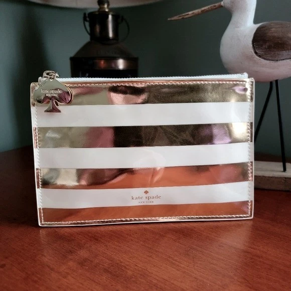 Kate Spade Gold Metallic Stripe PVC Makeup Pouch Cosmetic Bag