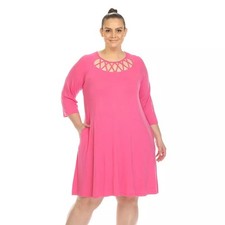 White Mark Plus Size Criss Cross Neckline 3/4 Sleeve Swing Dress - Fuchsia - 1XL