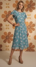 Vtg 70s Secretary Dress Leslie Fay Small Petite Blue Floral Belted Semi Sheer