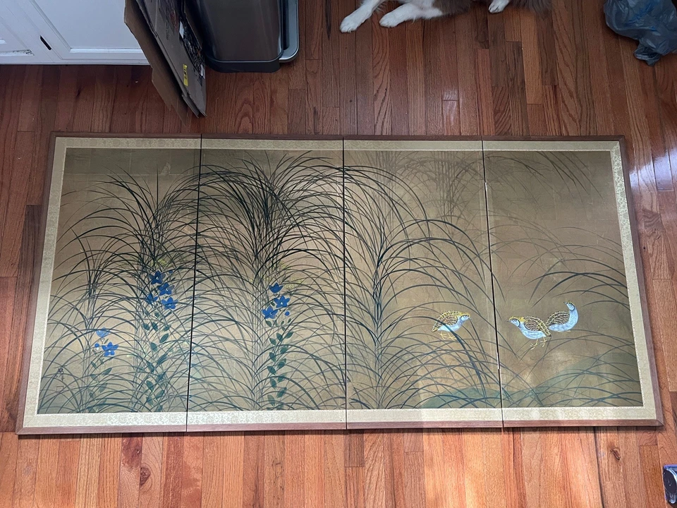 Vintage Oriental 4 Panel Screen Japan Gold Birds Flowers Signed Artist Made - Image 3 of 4