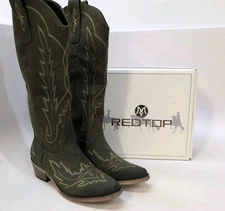 Redtop Rosemary Tall Cowgirl Classic Boots Embroidery Women US 7 Olive Suede