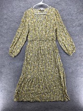 LOFT Dress Womens M Green Maxi V-Neck Long Sleeve Rayon Smocked Pleated