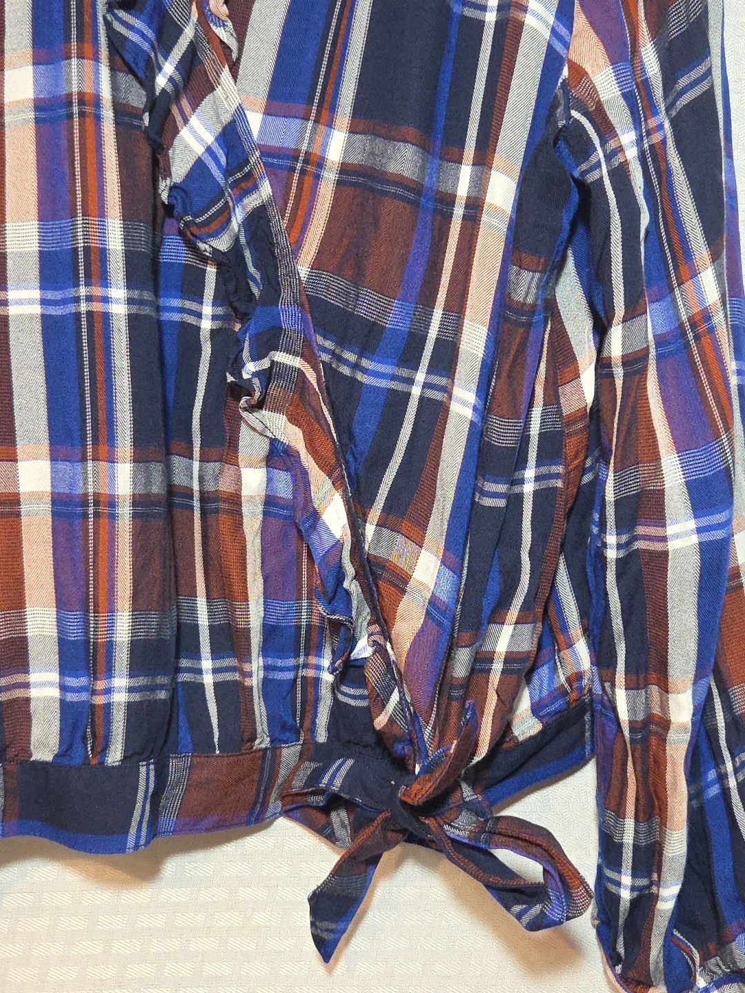 A New Approach a.n.a XL Brown Blue Plaid Tie Ruffle Front Blouse Long  Sleeve