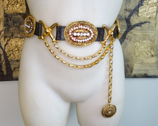 STREETS AHEAD 80S VTG WIDE LEATHER CRYSTAL GOLD CHAIN MEDALLION BELT SML RUNWAY