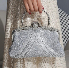 EVENING BAG-Silver Rhinestone Decorated Metal Handle Clutch Purse, Luxury