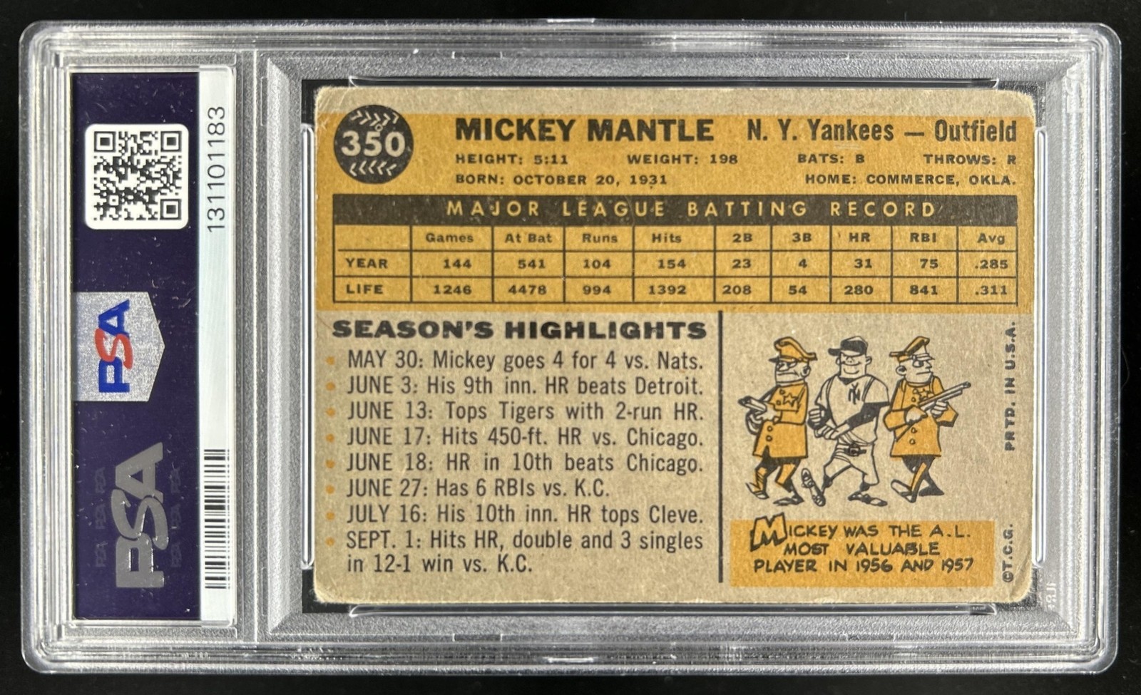 1960 Topps Mickey Mantle #350 New York Yankees PSA 1.5 view 2