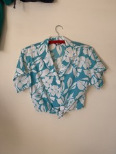 Vintage Tropical Hawaiian Floral Button Up Size Small Tie Cropped Turquoise USA