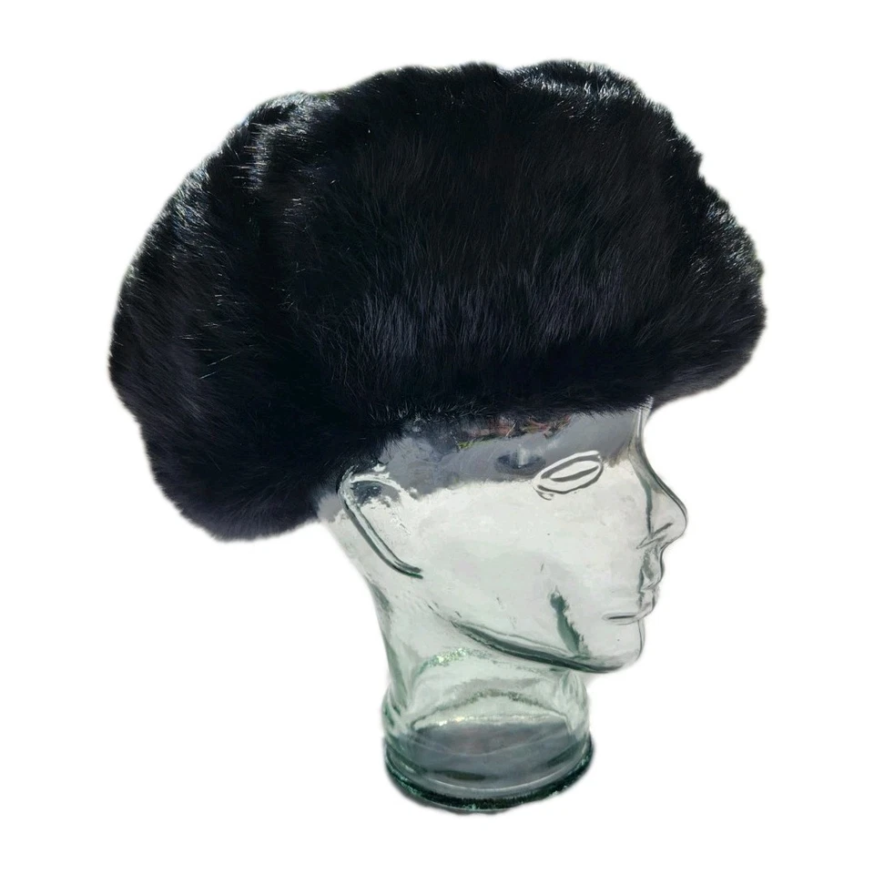 Sombrero trampero de piel de conejo negro acolchado forro negro corbatas de algodón vintage Foto 3 de 4