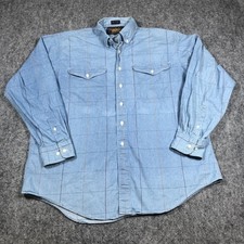 Vintage Chaps Ralph Lauren Shirt Mens XL Blue Chambray Plaid Button Up Pockets