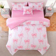 DORCAS Bow Full Size Comforter Set for Girls,6 Pieces Bed in a Bag Pink Bow Bedd