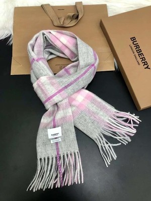 NEW Burberry 100% Cashmere PINK&GREY Checked Fringe Scarf 168x30cm