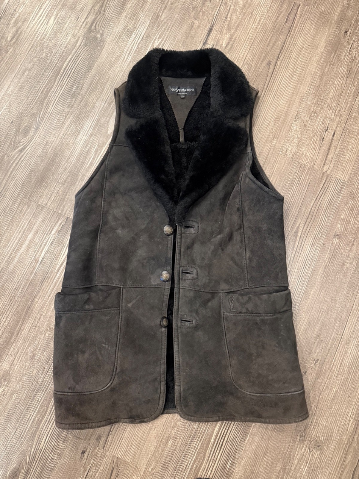Vintage YSL Pour Homme Black Suede Shearling Vest… - image 1
