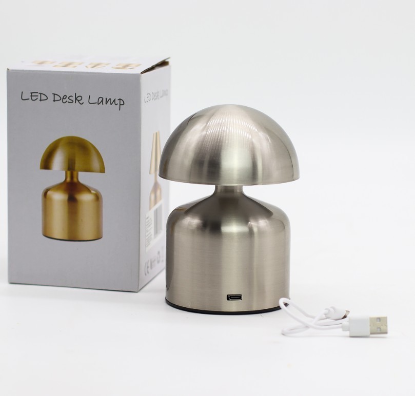 Lampe de table champignon argentée en métal brossé tactile premium