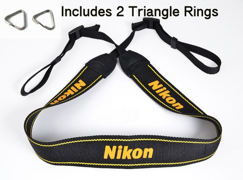 FREE SHIPPING Genuine Nikon Camera Strap Black Yellow Logo With 2 Triangle Rings