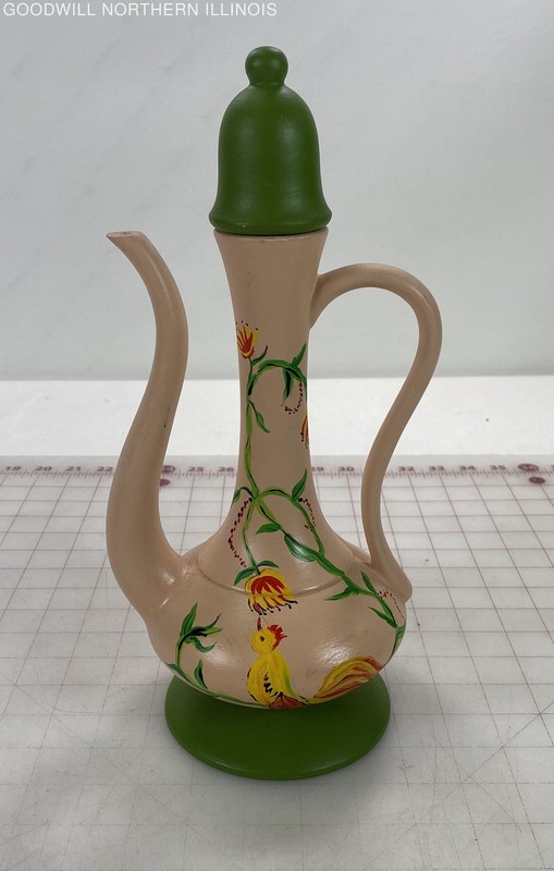 13" Arabian-Style Ceramic Tea Pot Peach Green Floral Yellow+Red Bird Matte Paint