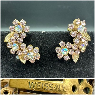 Vintage WEISS NY Floral Rhinestone Clip-on Earrings Gold Tone Pink Jewelry
