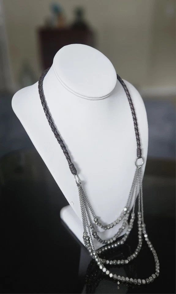 Pirita estilo tribal (?) Collar con cuentas multicapa en cordón de cuero trenzado 22" Foto 3 de 4