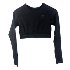 Gymshark Long Sleeve Crop Top Black Logo Print Thumbholes Seamless Activewear