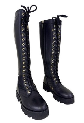 ALTUZARRA KNEE-HIGH LACE-UP BOOTS IN BLACK LEATHER size 38.5