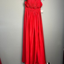 Mac Duggal Floral Print Cap Sleeve Satin Midi Red Halter Dress Gown Formal Sz 4