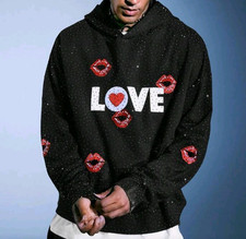 New Luxury Men Women Diamond Lips Rhinestones Fashion Black Hoodie High Quality