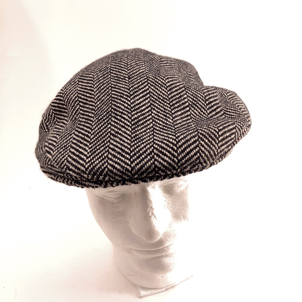 Bold black white herringbone pattern flat cap wit… - image 2
