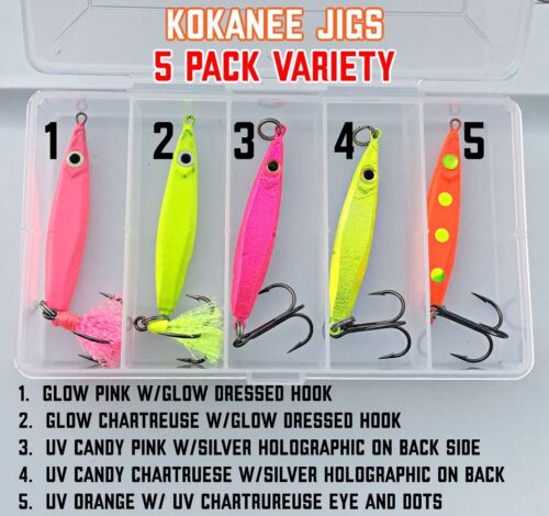 Pkg of 5 each 3/4 oz/21g Flutter Series Kokanee Jigs/Kokanee Color Variety Box  - Picture 1 of 1