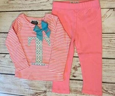 Mud Pie Initial Baby Girl T Tunic & Legging Set with Hair Bow  0-6 Months