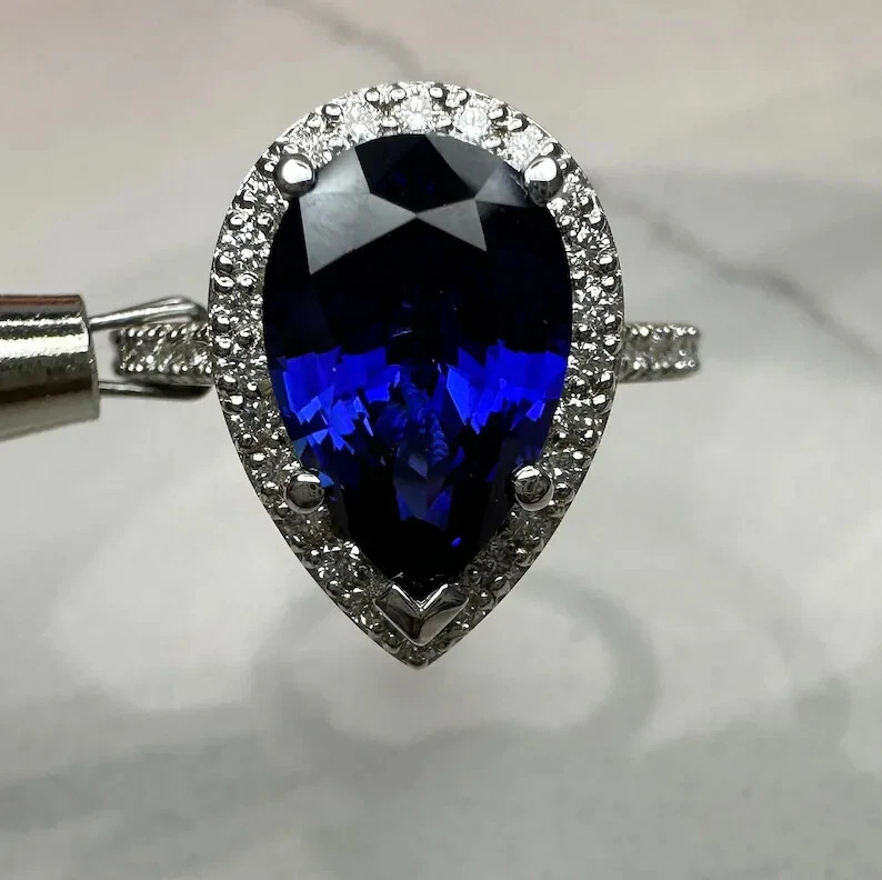 3.40 Ct Pear Cut Natural Blue Sapphire Diamond Bridal Ring  14K White Gold size7 - Image 4 of 4