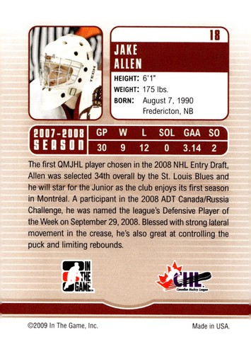 Jake Allen - Signed 2008-09 In The Game Between The Pipes Future Stars #18 - Picture 2 of 2