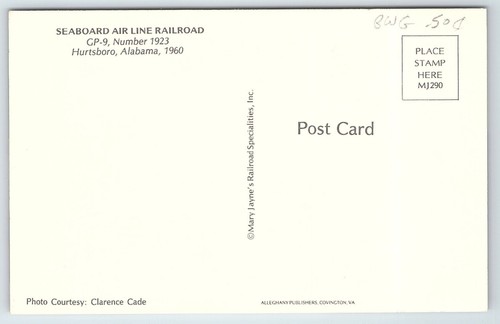 Postcard Seaboard Air Line Railroad GP-9 Number 1923 Hurtsboro Alabama 1960 - Picture 2 of 2