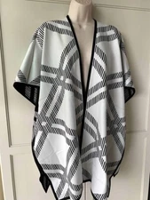 Chico's Reversible Plaid Windowpane Ruana / Poncho Shawl Black White SZ S/M-NWT